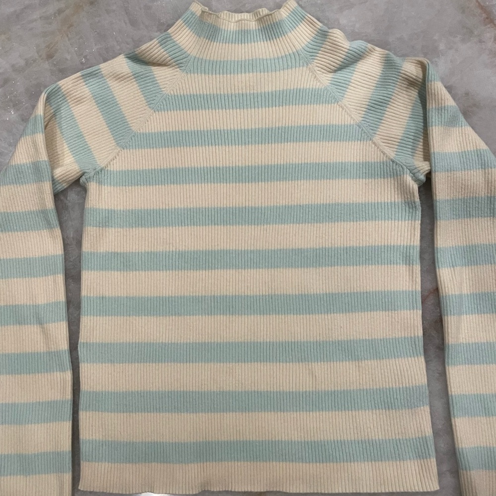 Maeve by Antropology Ribbed Knit Sweater in Blue and Cream